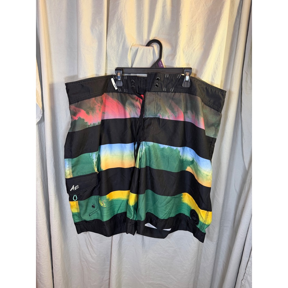 American Eagle Mens Board Shorts Black Multi Color‎ Landscape Stripe Swim Trunks